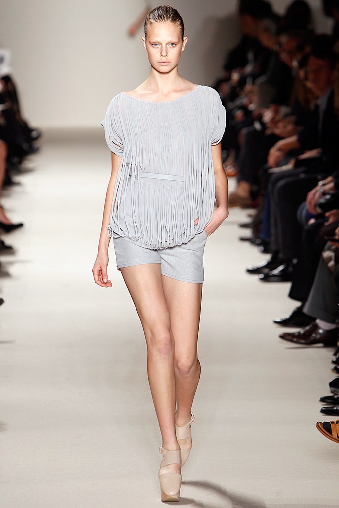 gray pleated top with shorts