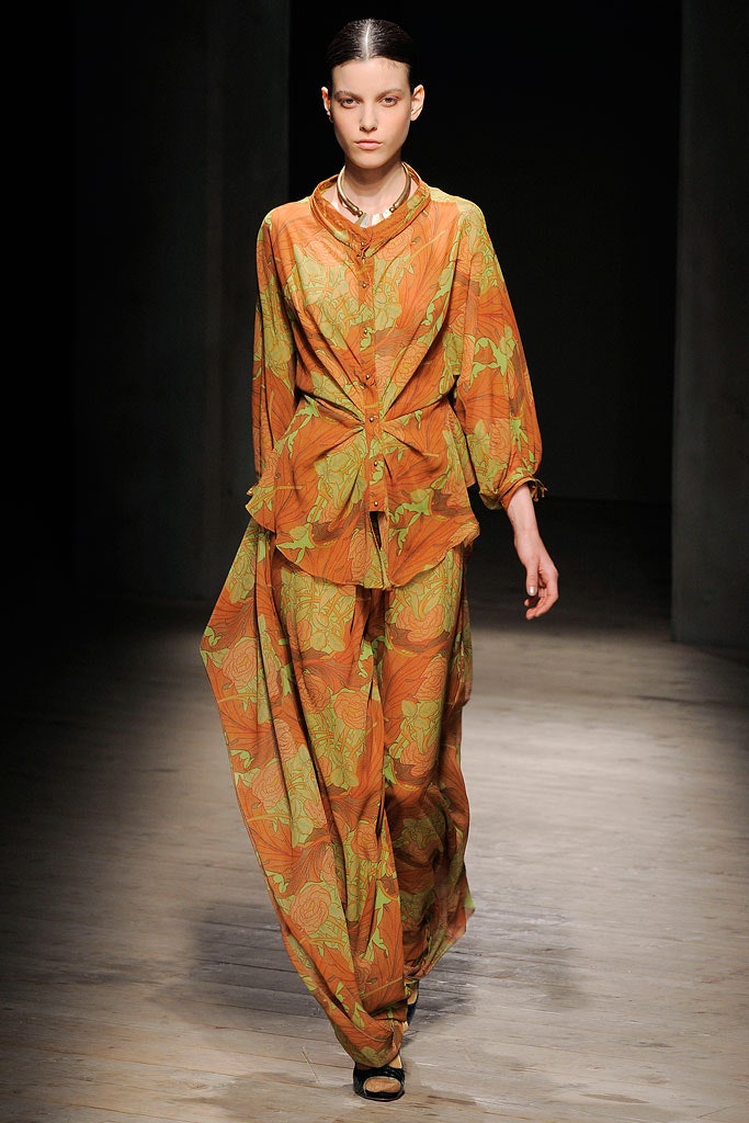 orange long-sleeve collared relaxed buttoned layered blouse
