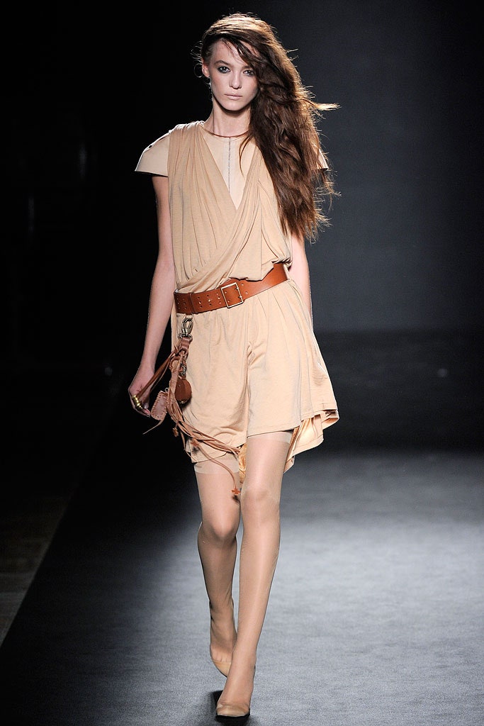 beige silk sleeveless v-neck relaxed draped belted dress
