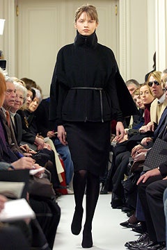 black relaxed jacket and fitted skirt