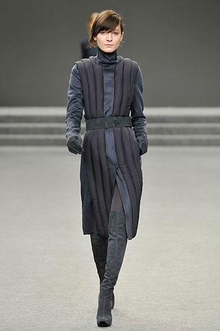 gray wool fitted midi dress with gloves