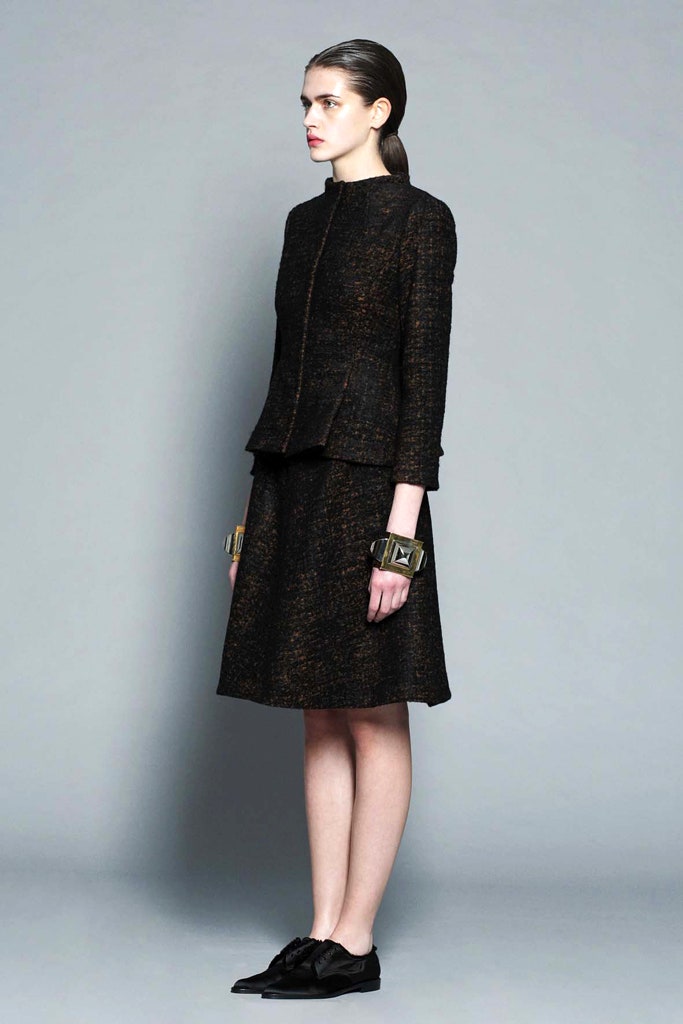 black brown tweed jacket and skirt