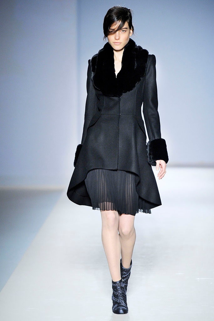 black wool long-sleeve collared fitted draped midi coat