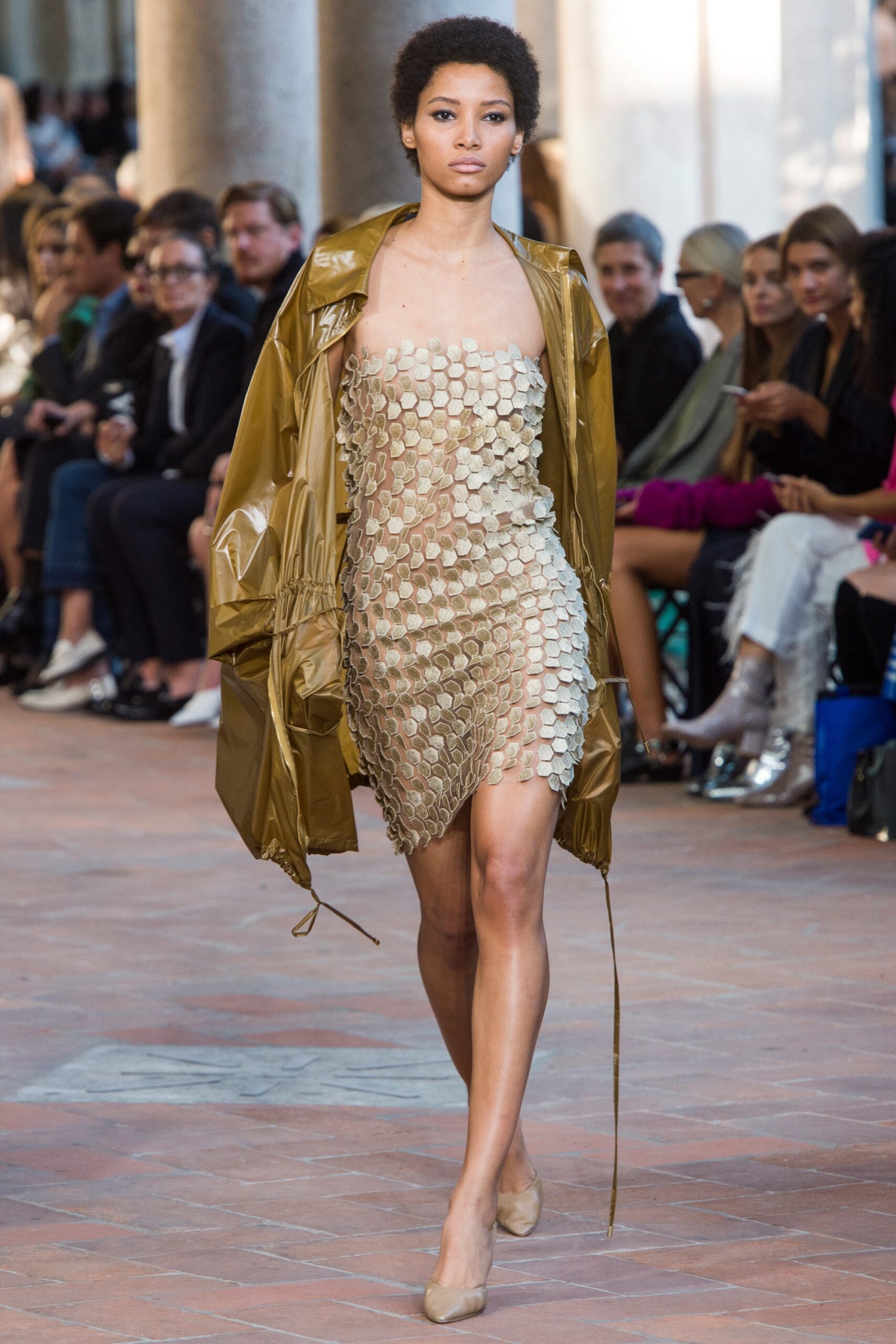 gold vinyl long-sleeve collared relaxed zippered coat