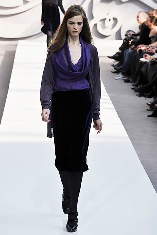 purple silk blouse and black velvet skirt