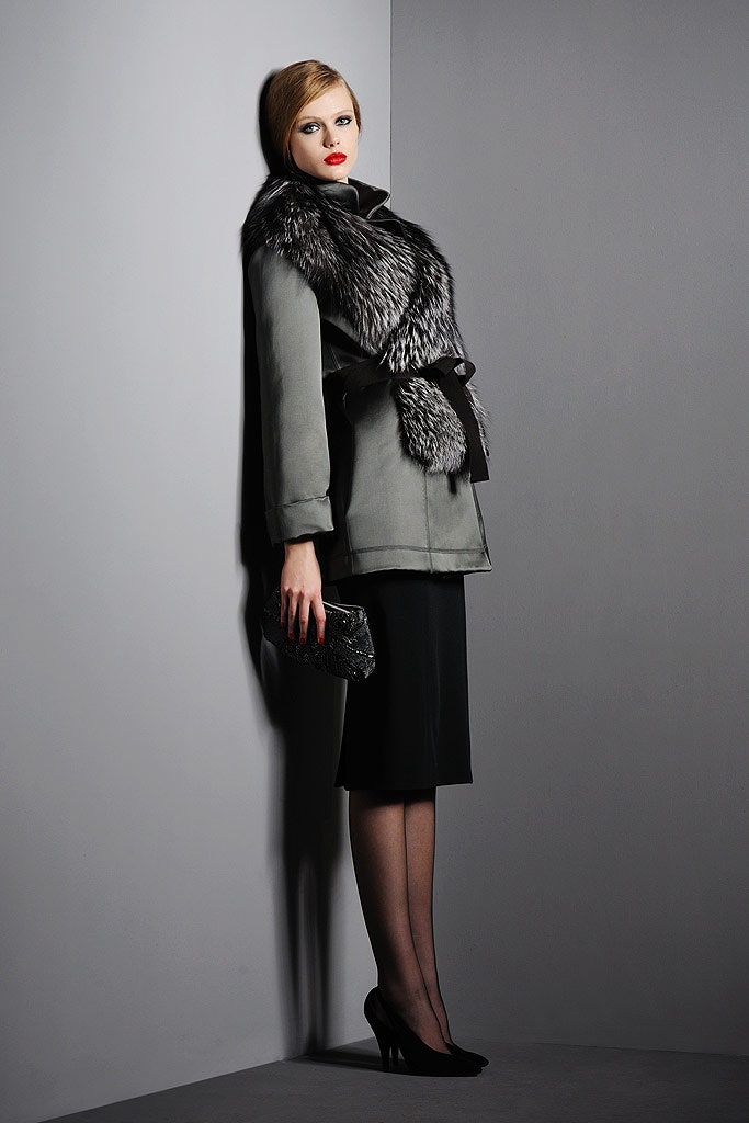 gray faux-fur coat with black pencil skirt