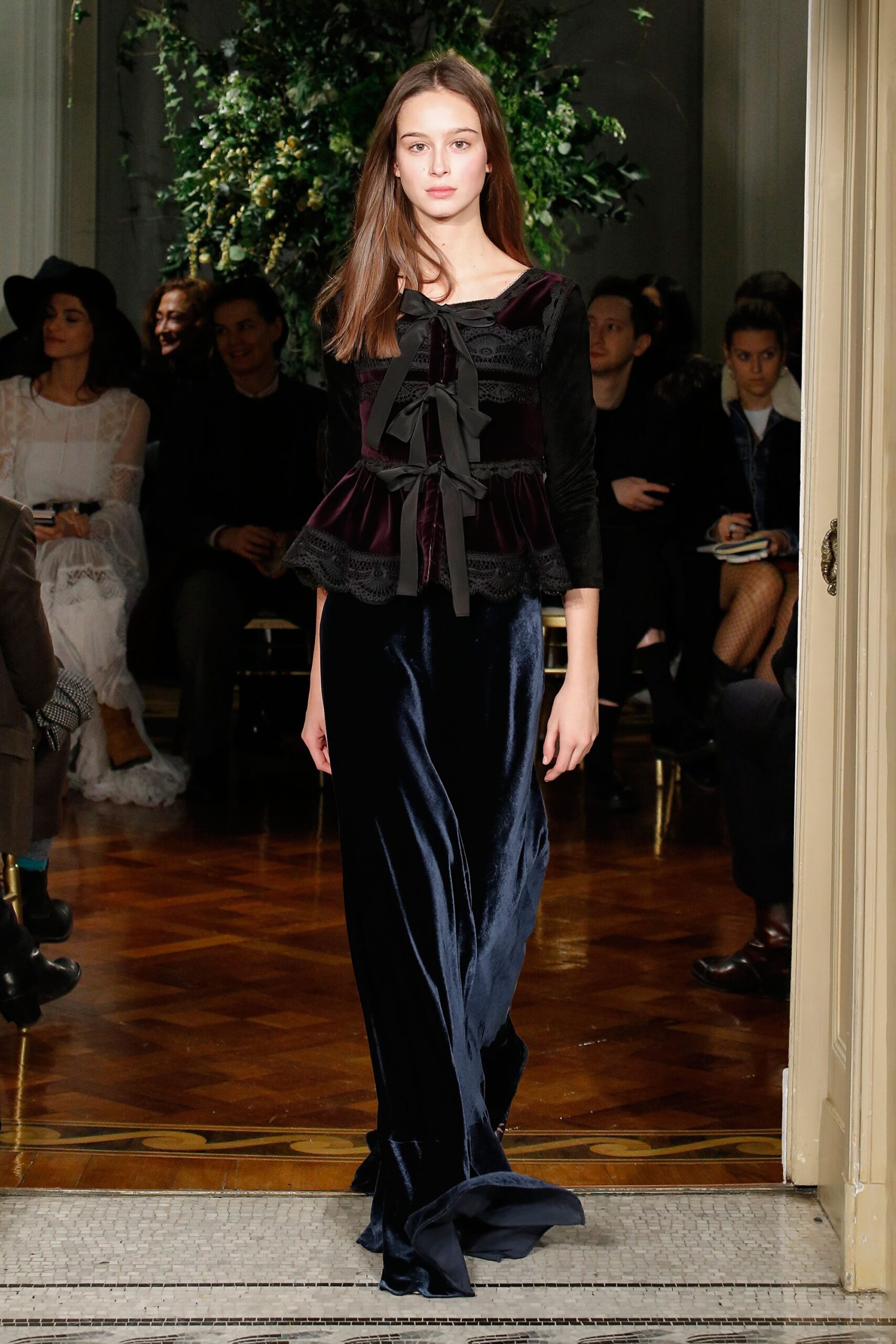 black velvet long-sleeve v-neck fitted ruffled top