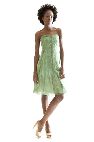 green silk strapless fitted pleated flowing mini dress