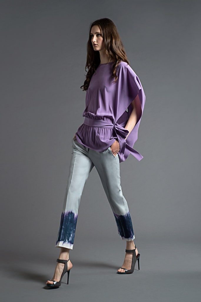 purple silk short-sleeve collared relaxed draped top