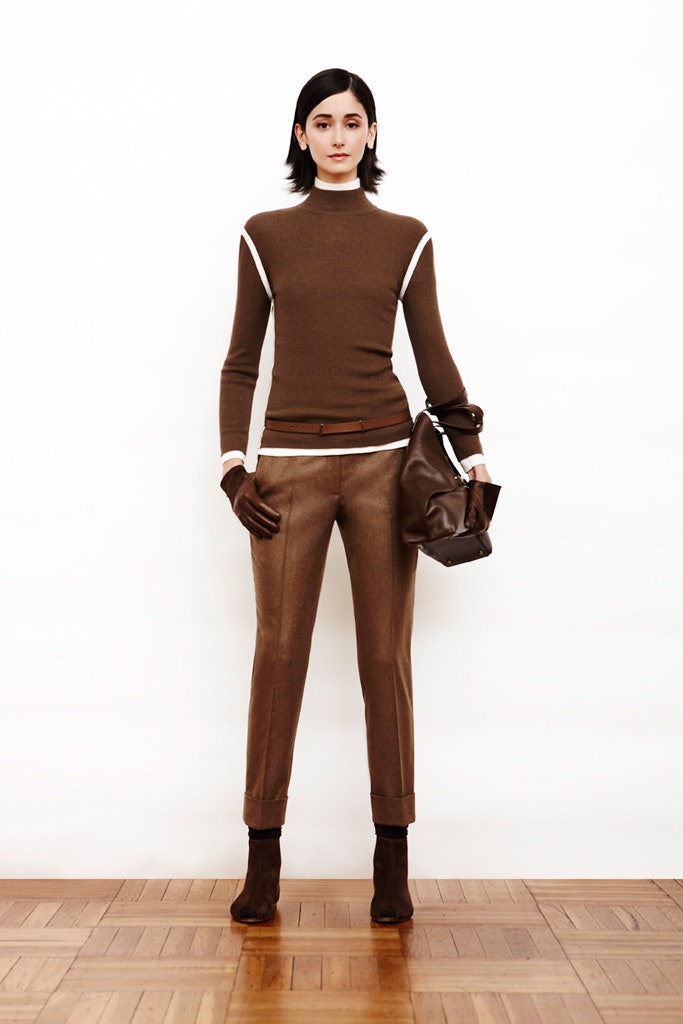 brown fitted top with tailored pants