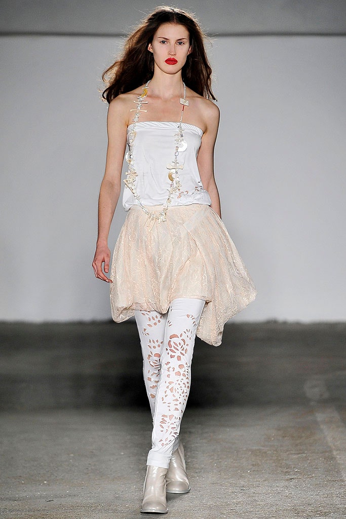 white silk strapless top with beige lace skirt