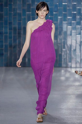purple one-shoulder flowing dress