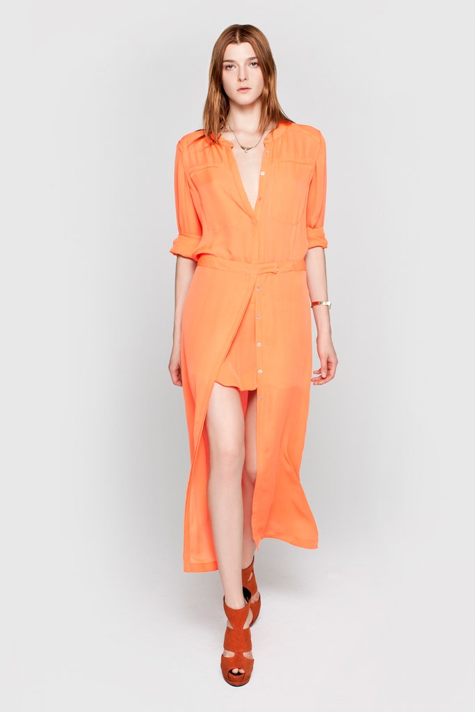 orange chiffon long-sleeve collared relaxed buttoned belted shirt-dress