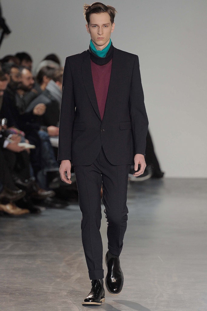 black tailored suit with colorful top