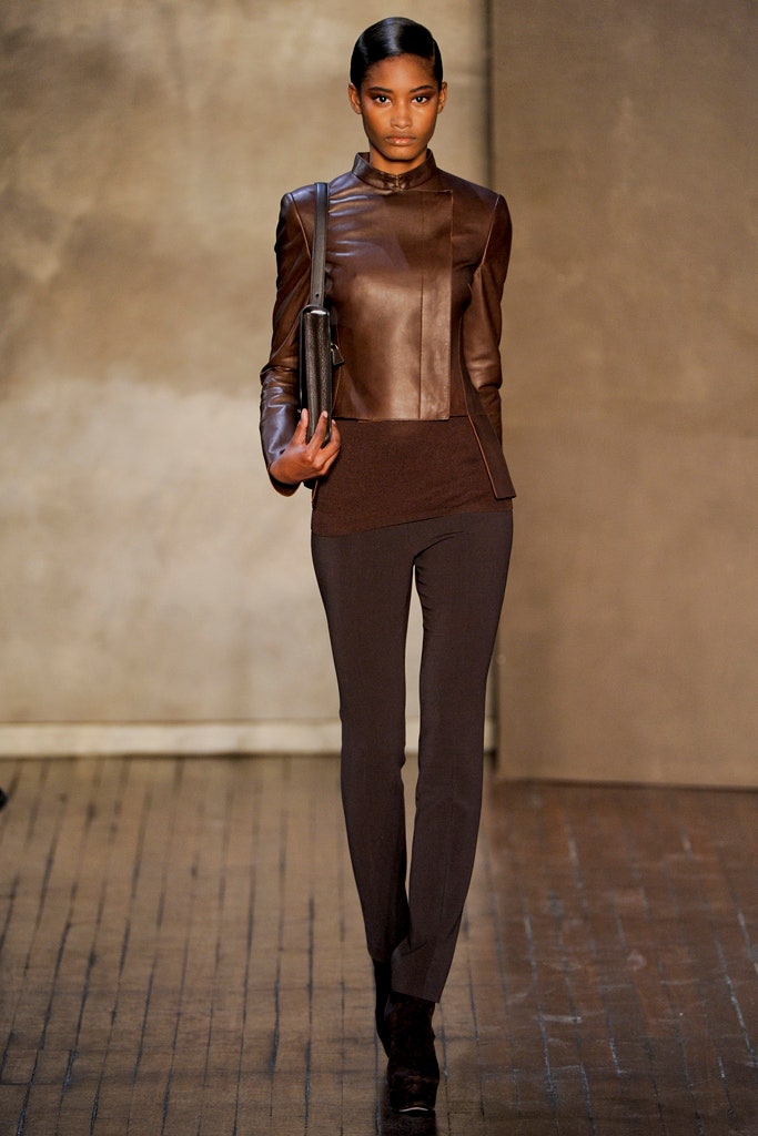 brown leather long-sleeve collared fitted zippered jacket