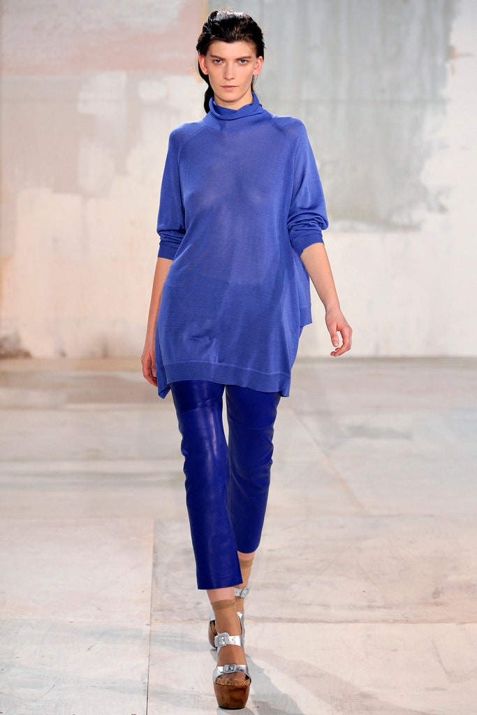 blue relaxed top with fitted pants