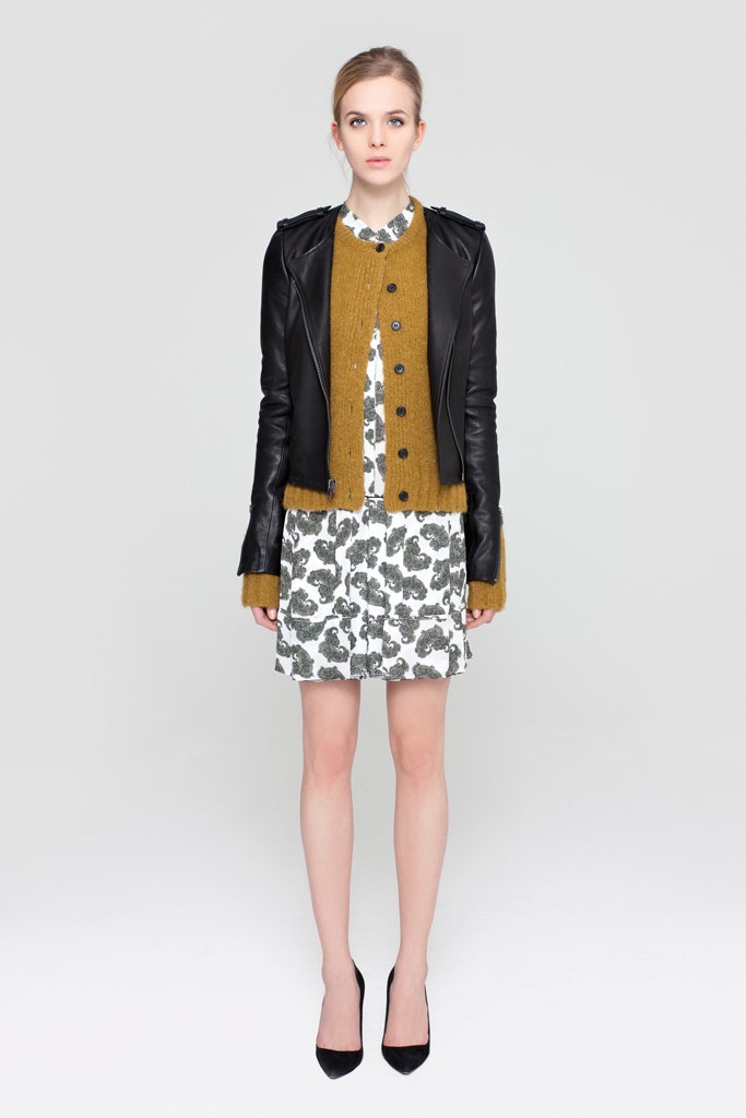 black leather jacket yellow cardigan white floral dress