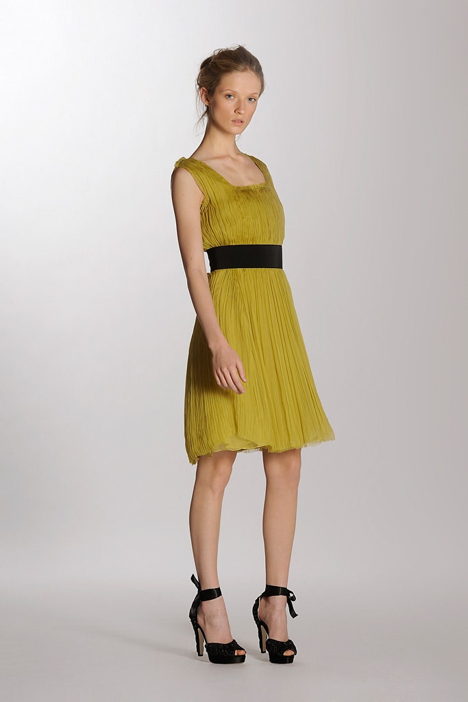 yellow silk sleeveless square-neck fitted pleated belted dress