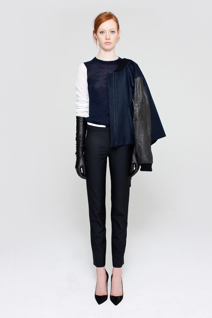 black and navy layered top with slim pants
