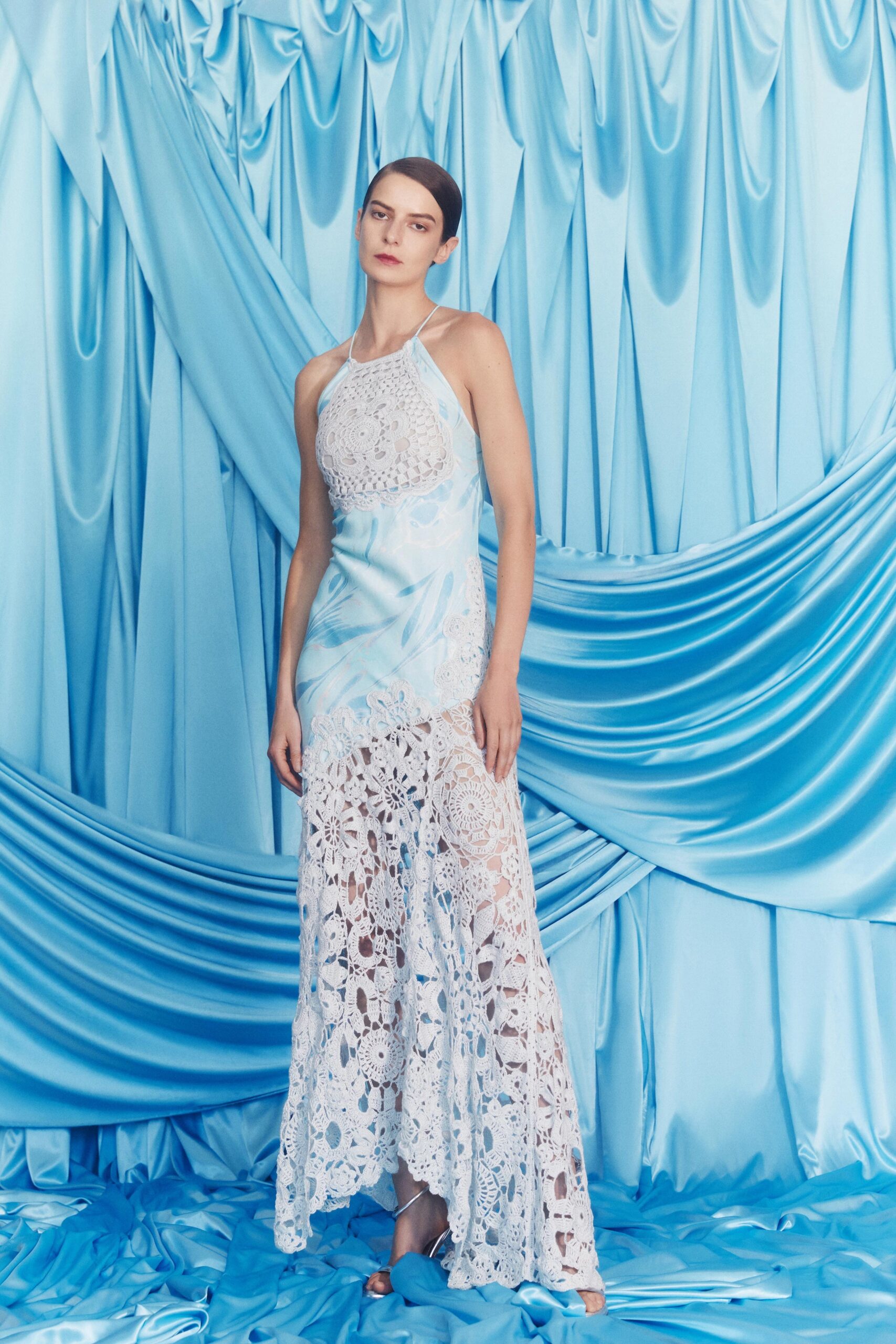 blue silk lace maxi dress