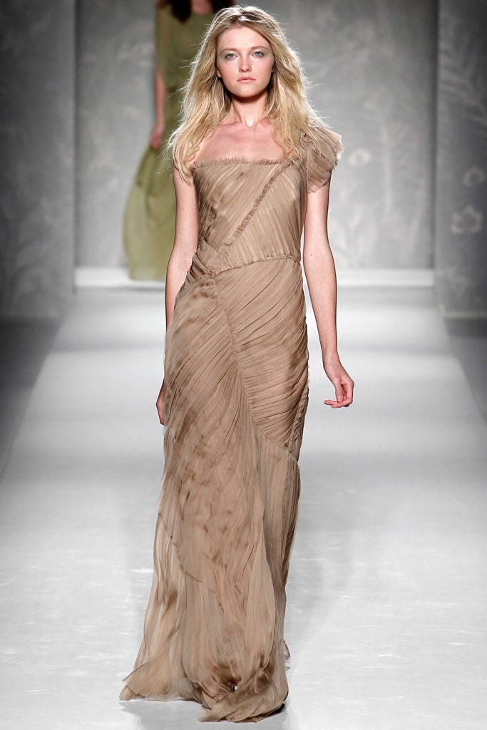 beige silk pleated gown