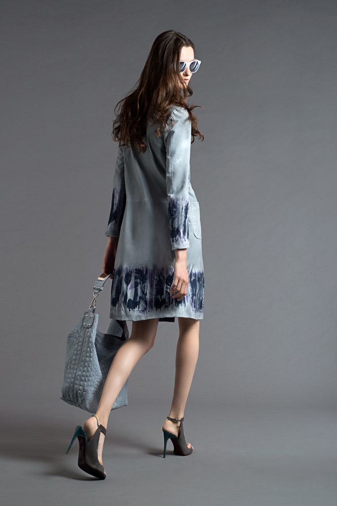 blue silk long-sleeve collared fitted printed short dress