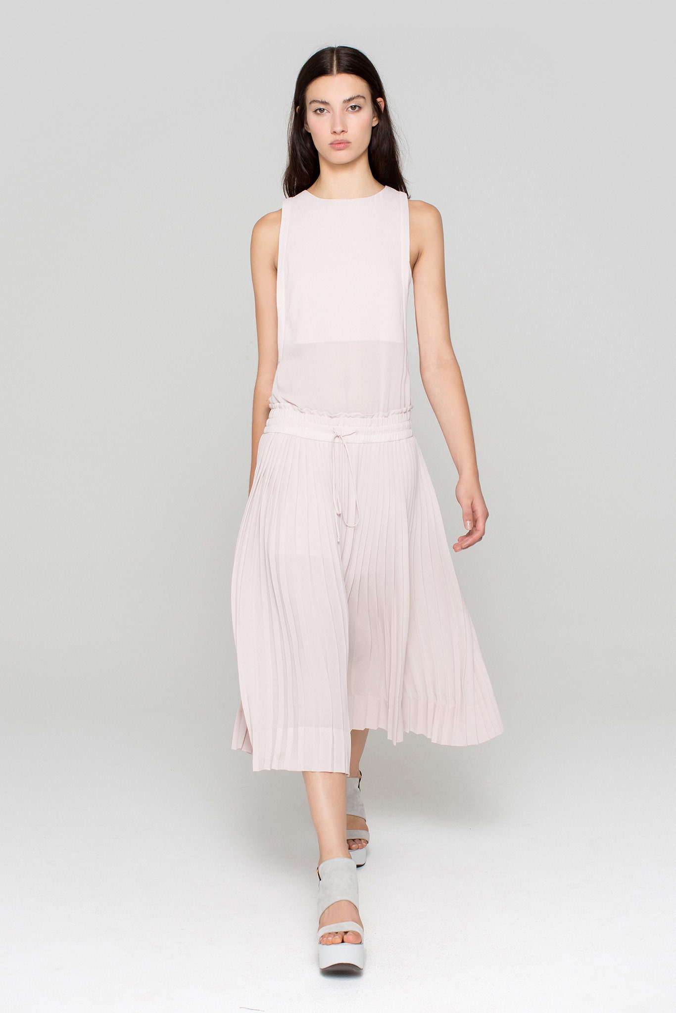 pink pleated sleeveless dress