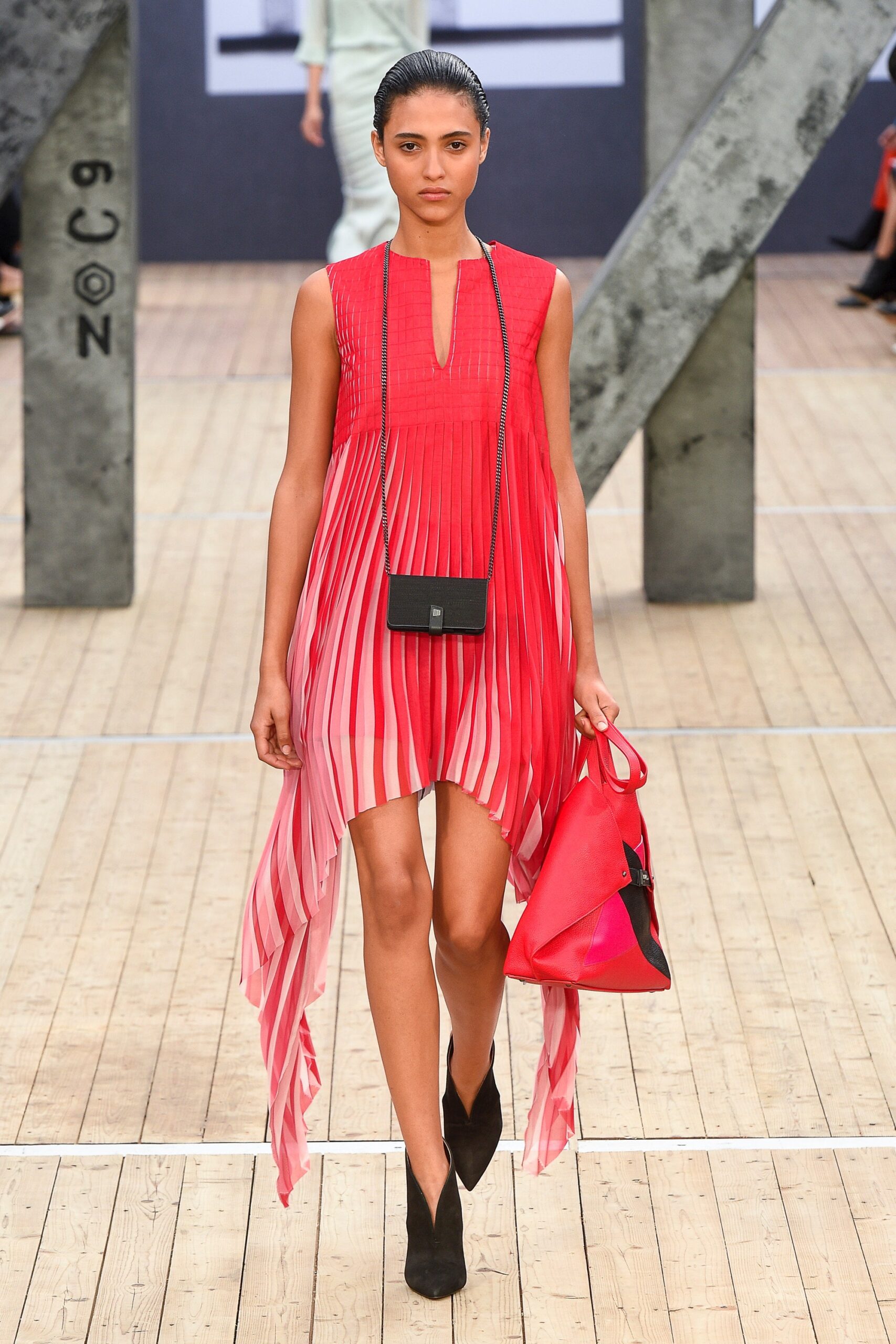 red pink pleated midi dress