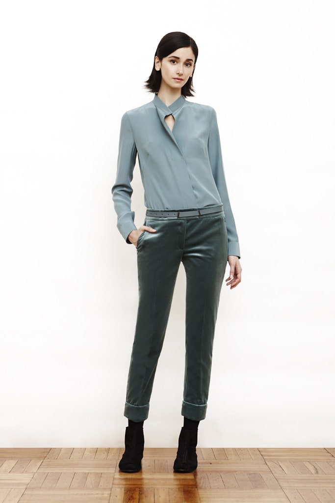 blue silk shirt green velvet pants