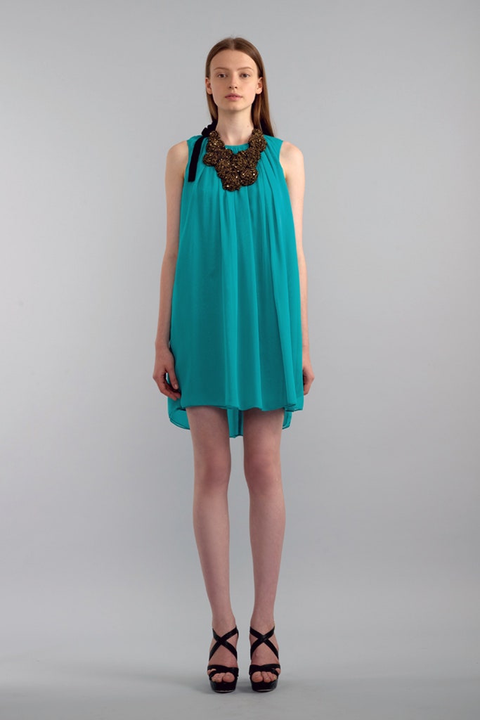 teal chiffon sleeveless high-neck relaxed draped flowing dress