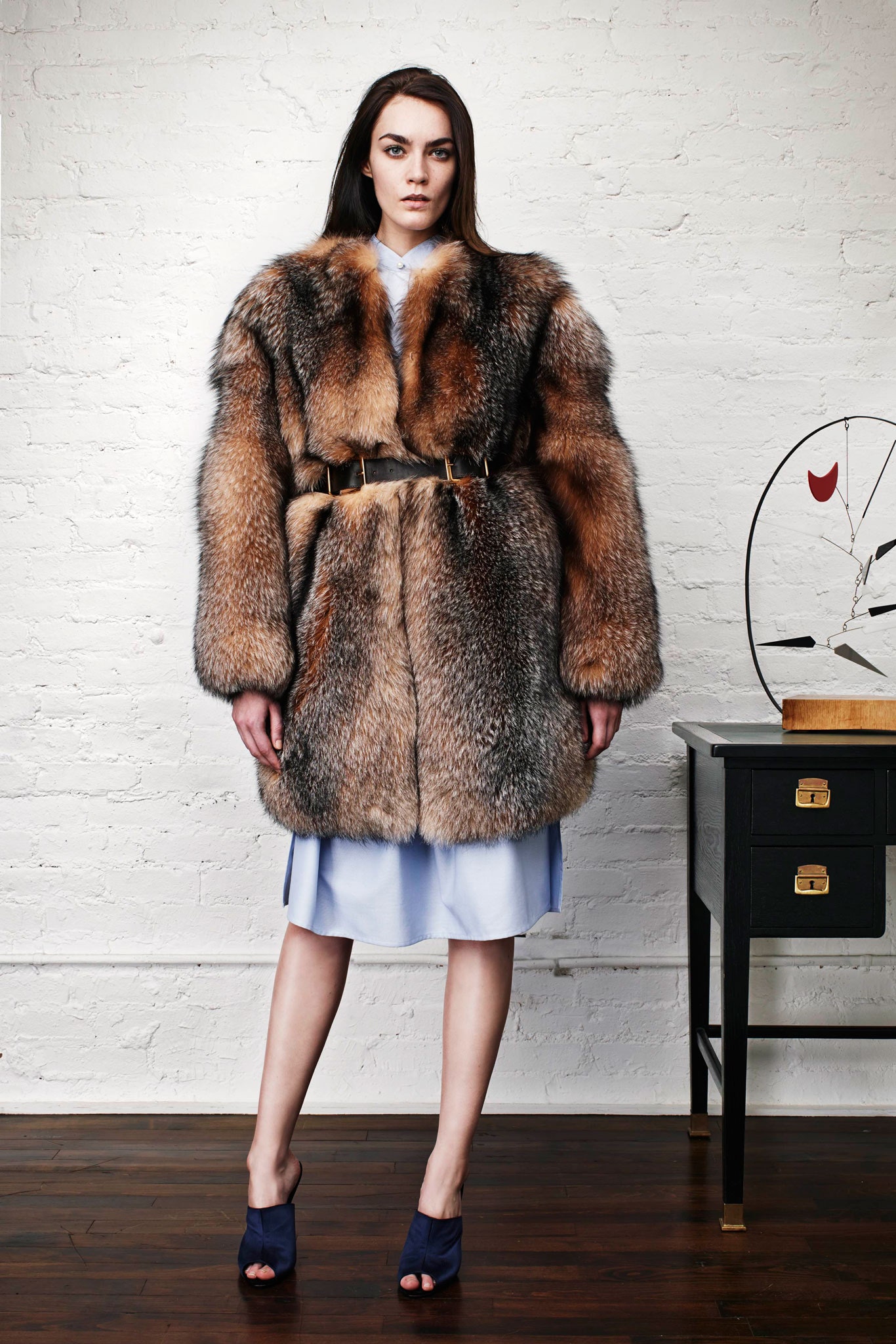 brown fur long-sleeve relaxed belted coat