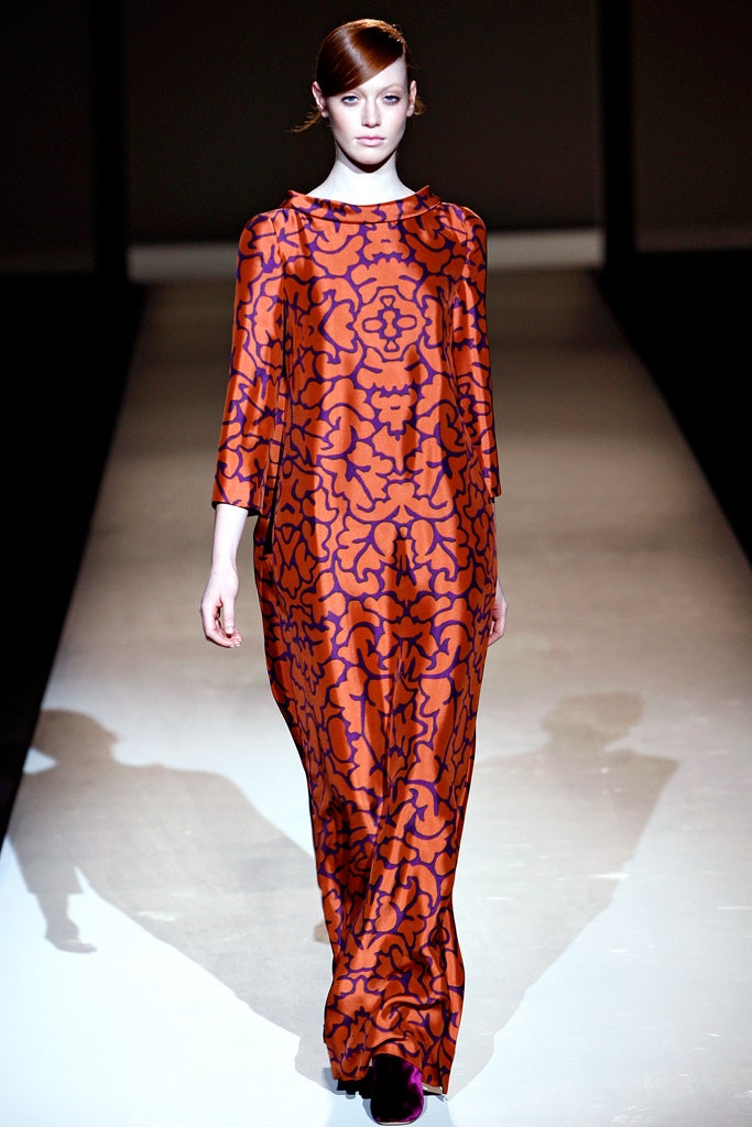 orange and blue printed silk gown