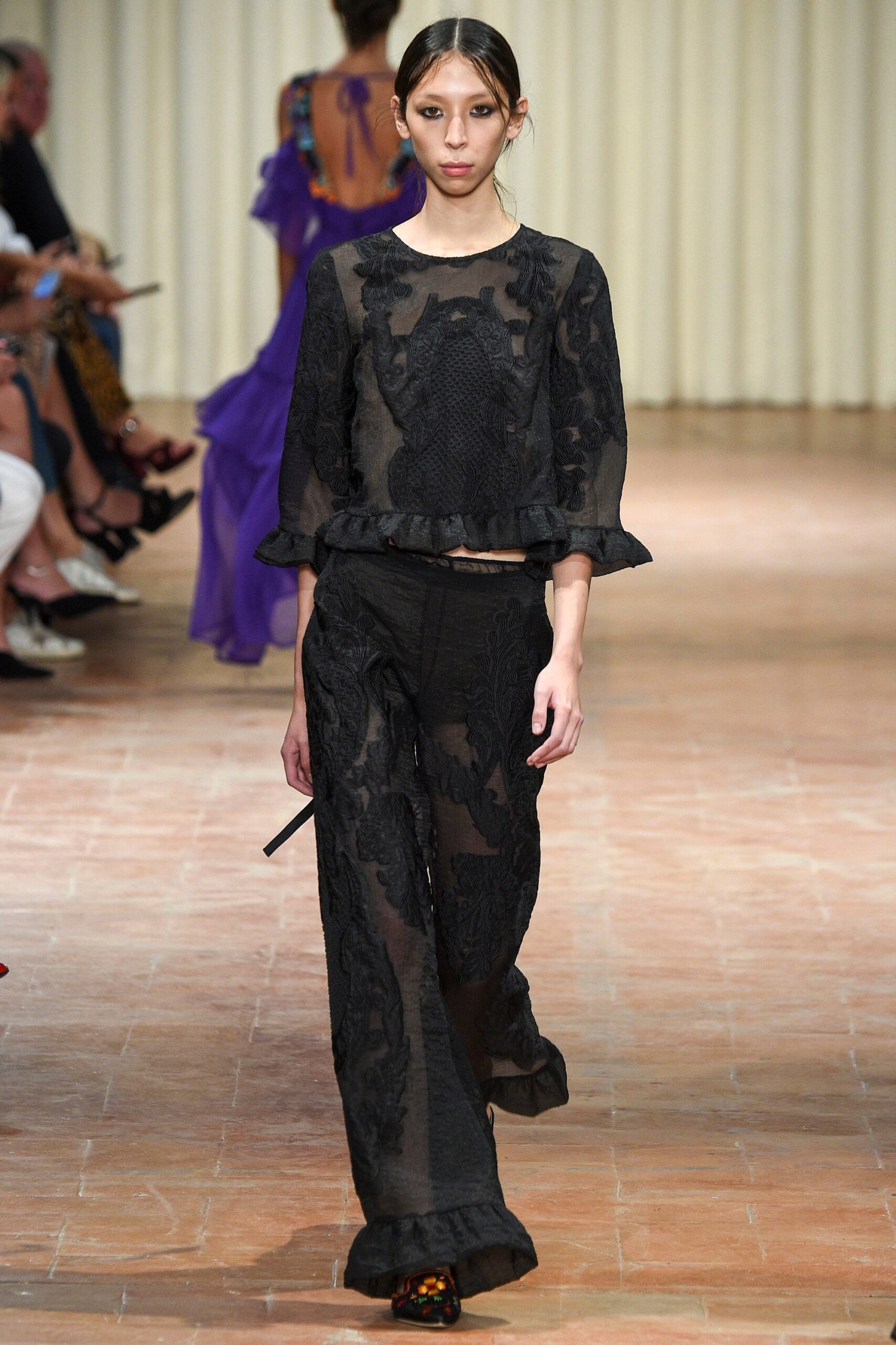 black lace fitted wide-leg sheer pants