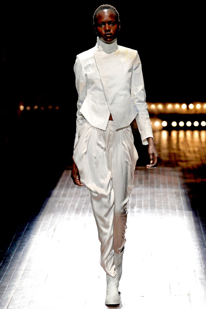 white silk long-sleeve high-neck fitted structured blazer