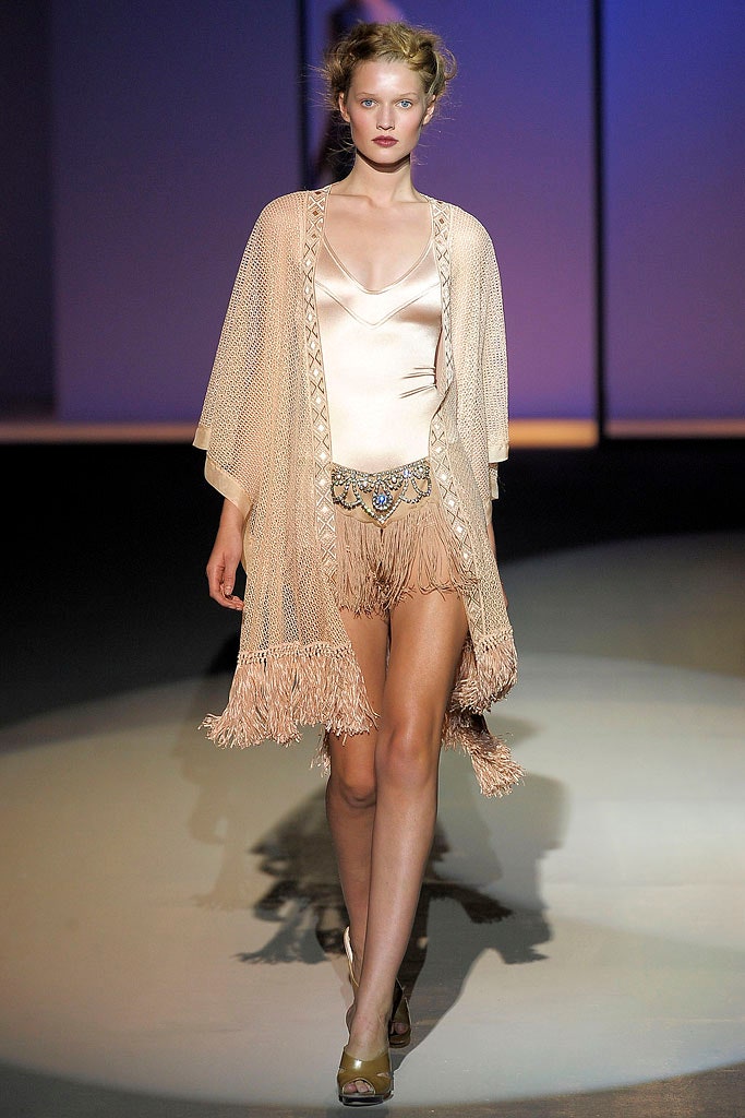 beige silk fringed dress with lace cape