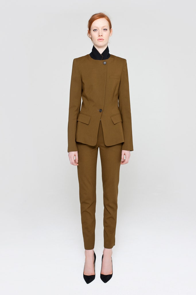 brown tailored suit with black heels