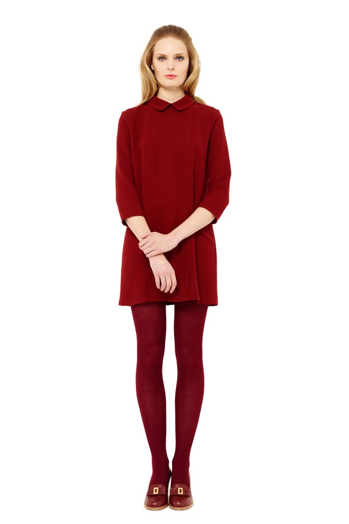 red cotton long-sleeve collared fitted straight-leg short dress