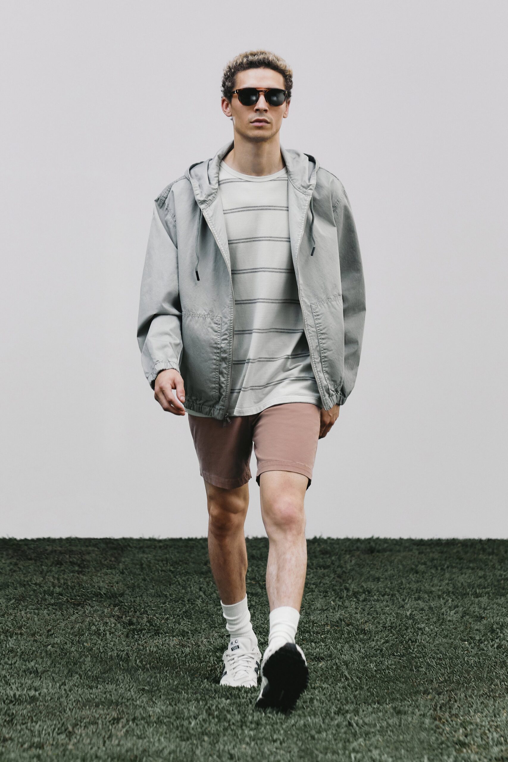 gray jacket with striped t-shirt