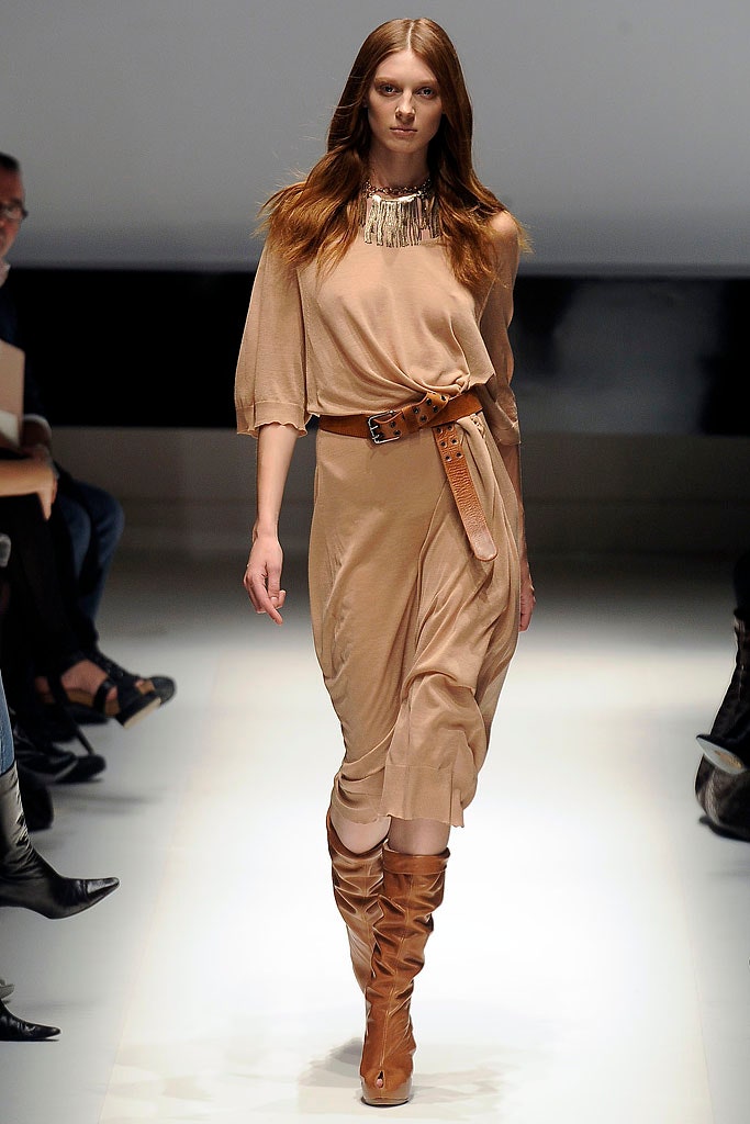 beige silk belted midi dress with brown boots
