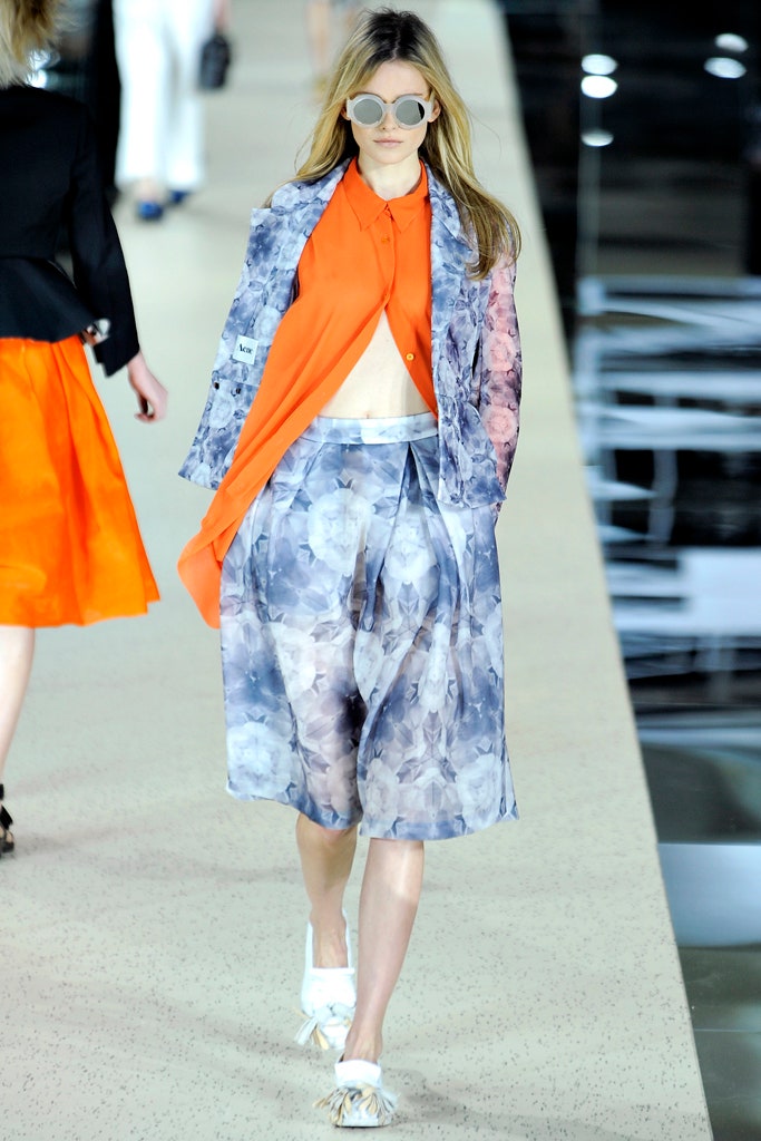 blue silk relaxed jacket with orange shirt