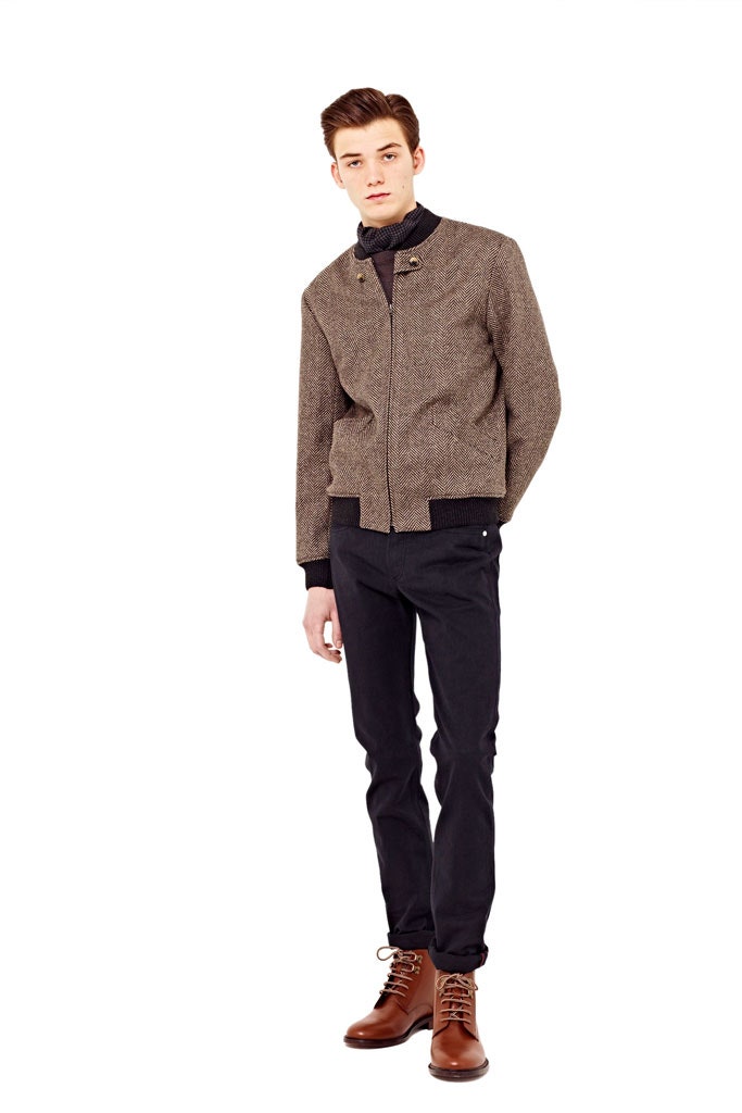 brown cotton long-sleeve collared fitted zippered jacket