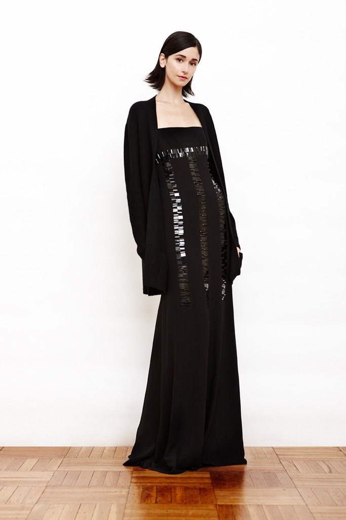 black silk strapless gown with cardigan