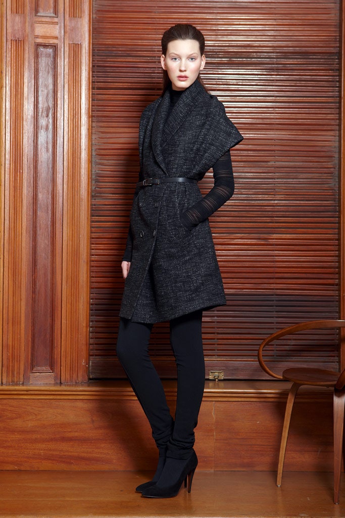 black wool long-sleeve collared fitted structured belted coat