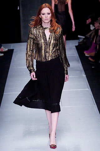 gold and black pleated blouse with midi skirt