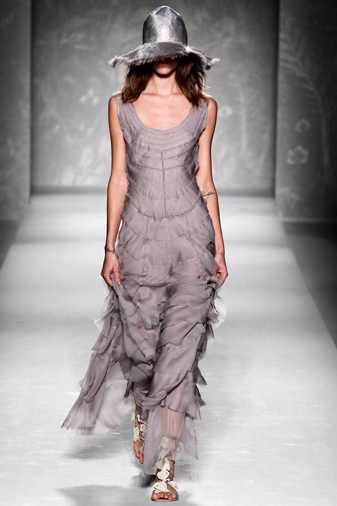gray silk sleeveless v-neck fitted ruffled flowing dress
