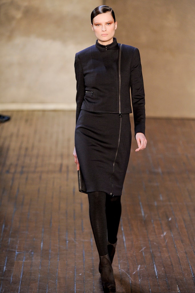 black cotton long-sleeve high-neck fitted zippered midi dress