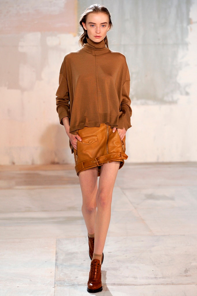 brown relaxed top and tan skirt