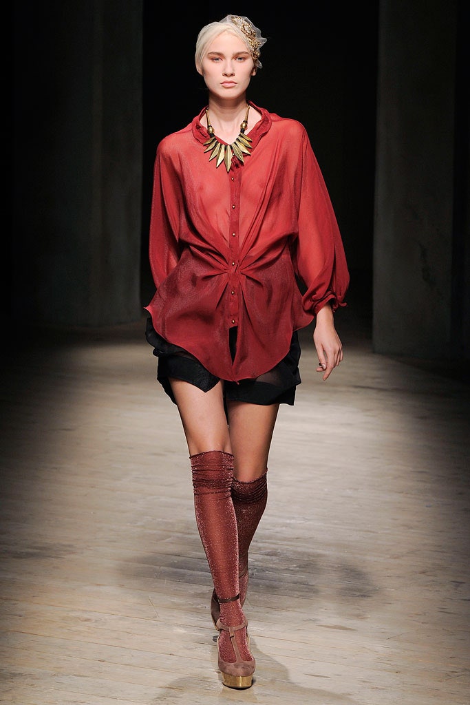 red silk long-sleeve collared relaxed buttoned draped blouse