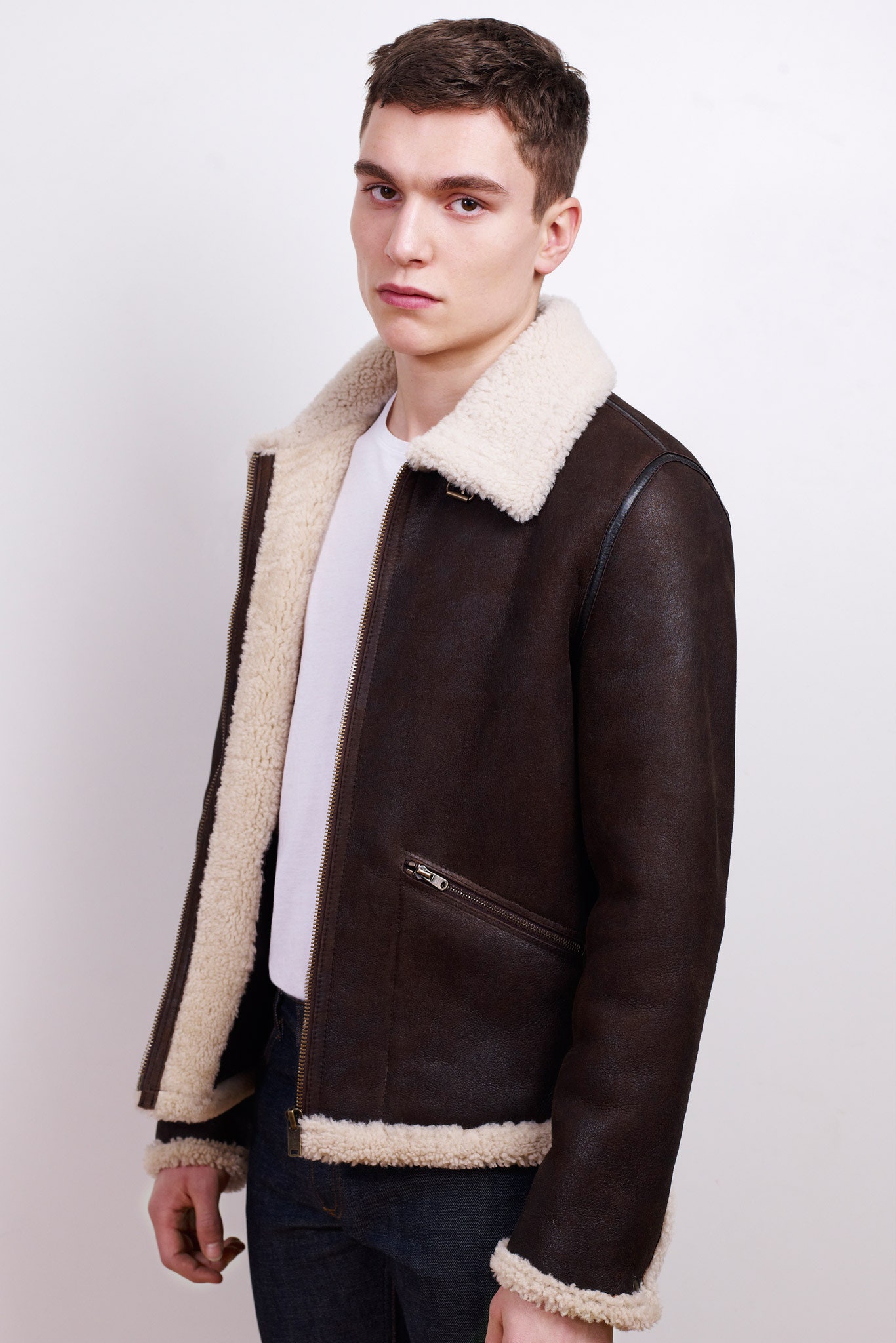 brown leather jacket with white t-shirt