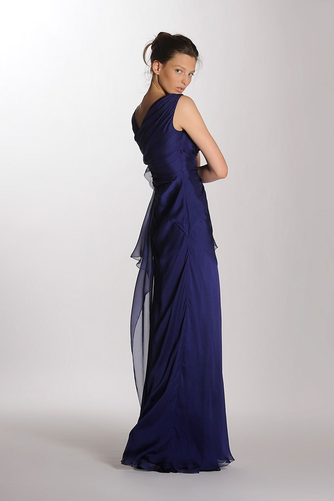 blue silk sleeveless gown